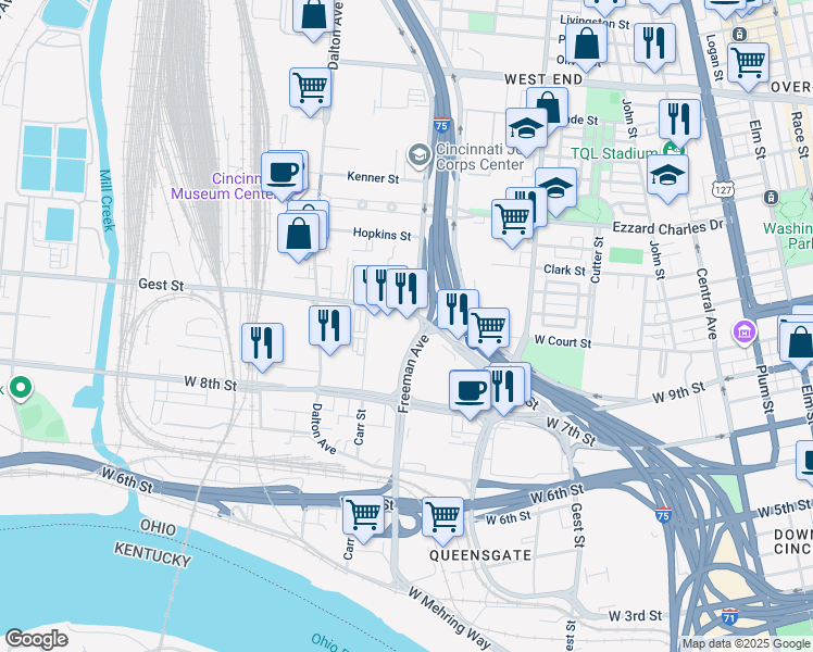 map of restaurants, bars, coffee shops, grocery stores, and more near 1000 Western Avenue in Cincinnati