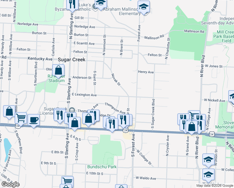 map of restaurants, bars, coffee shops, grocery stores, and more near 11602 East Lexington Avenue in Sugar Creek