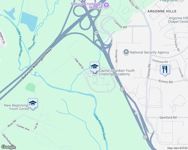 map of restaurants, bars, coffee shops, grocery stores, and more near 3201 Oak Hill Drive in Laurel