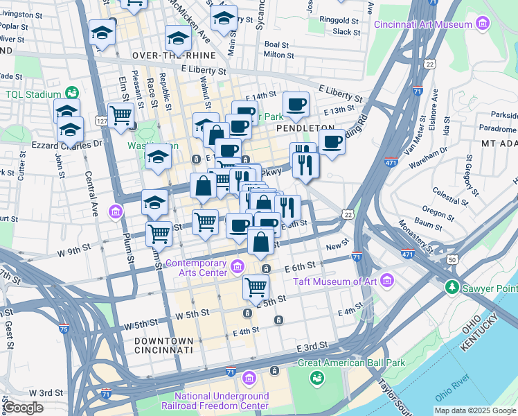 map of restaurants, bars, coffee shops, grocery stores, and more near 315 West Court Street in Cincinnati