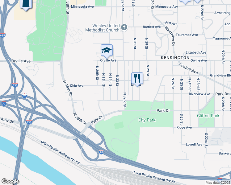 map of restaurants, bars, coffee shops, grocery stores, and more near 230 North 33 Street in Kansas City