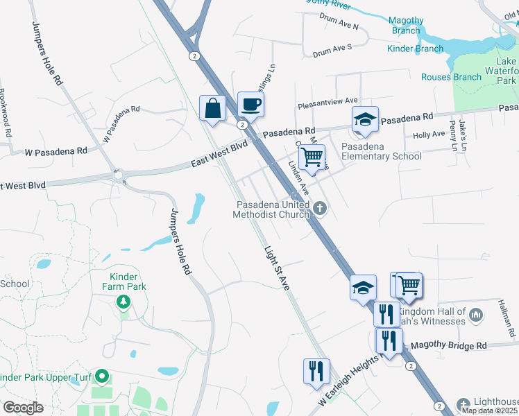 map of restaurants, bars, coffee shops, grocery stores, and more near 112 Magnolia Avenue in Pasadena