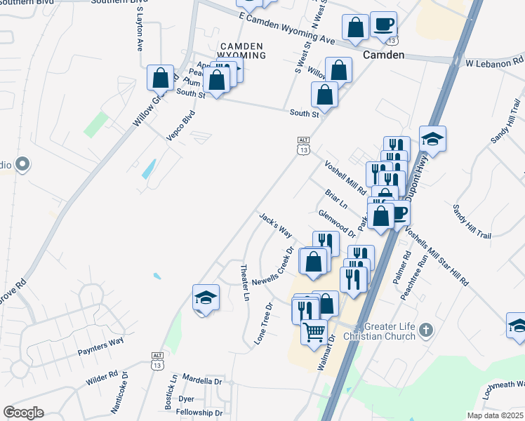 map of restaurants, bars, coffee shops, grocery stores, and more near 19 Jacks Way in Camden