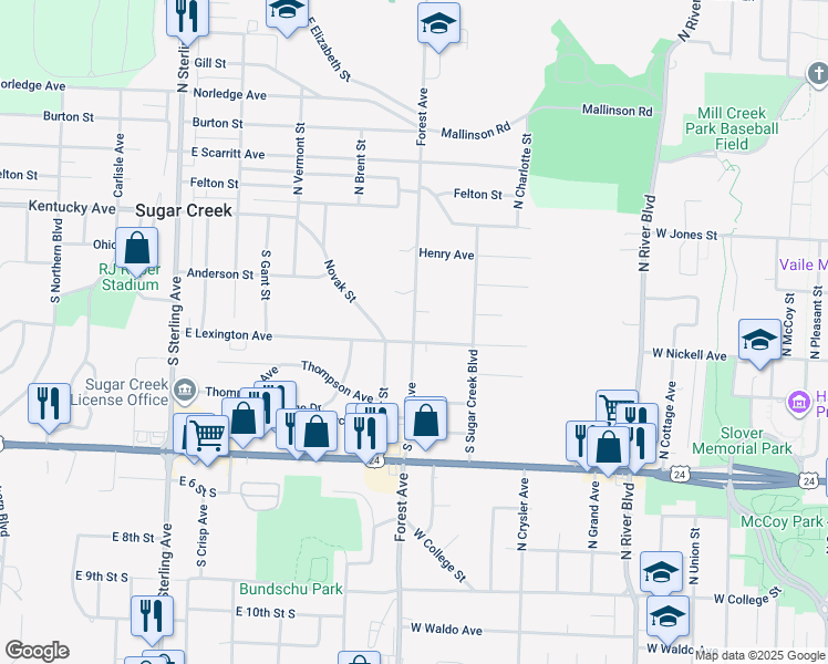 map of restaurants, bars, coffee shops, grocery stores, and more near 345 South Forest Street in Sugar Creek