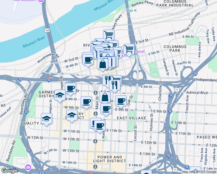 map of restaurants, bars, coffee shops, grocery stores, and more near 105 East 6th Street in Kansas City
