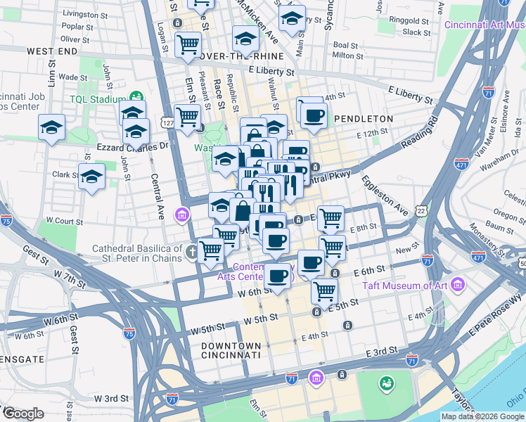 map of restaurants, bars, coffee shops, grocery stores, and more near 24-26 West Court Street in Cincinnati