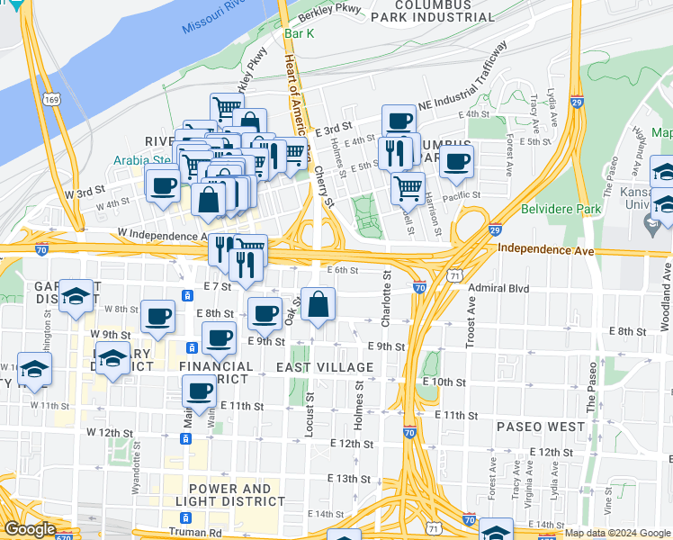 map of restaurants, bars, coffee shops, grocery stores, and more near 601 Cherry Street in Kansas City