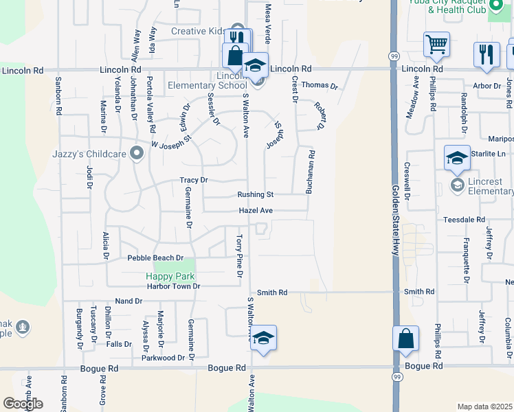 map of restaurants, bars, coffee shops, grocery stores, and more near 1579 Hazel Avenue in Yuba City