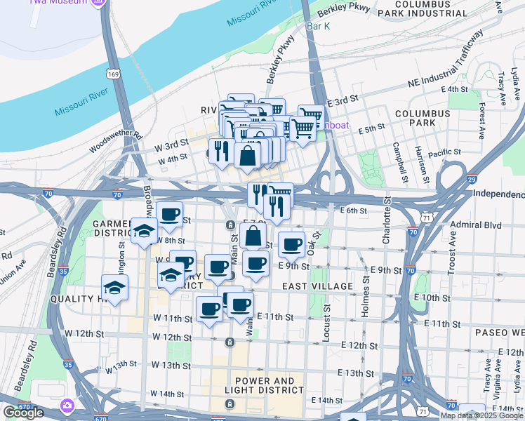 map of restaurants, bars, coffee shops, grocery stores, and more near 105 East 6th Street in Kansas City