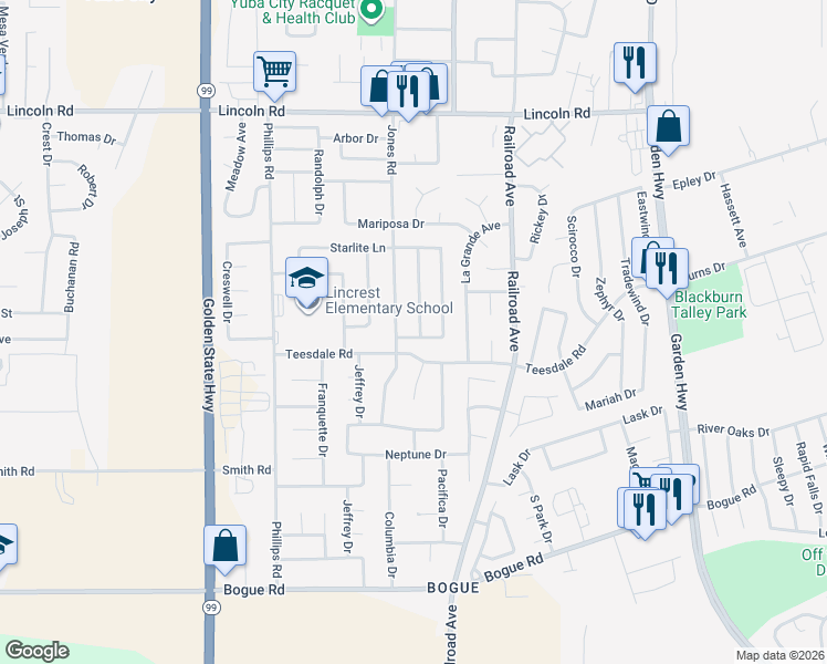 map of restaurants, bars, coffee shops, grocery stores, and more near 1413 Geneva Avenue in Yuba City