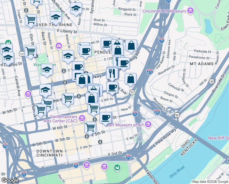 map of restaurants, bars, coffee shops, grocery stores, and more near Broadway Street in Cincinnati