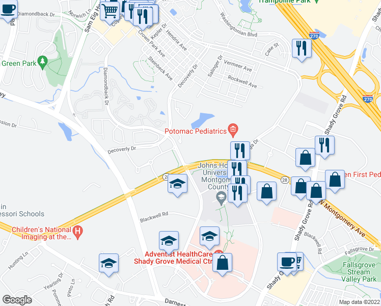 map of restaurants, bars, coffee shops, grocery stores, and more near 15201 Diamondback Drive in Rockville