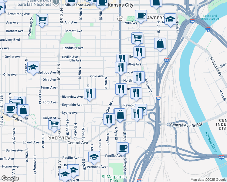 map of restaurants, bars, coffee shops, grocery stores, and more near 712 Tenny Avenue in Kansas City
