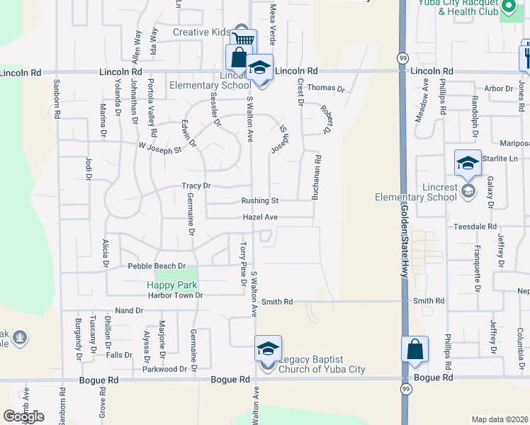 map of restaurants, bars, coffee shops, grocery stores, and more near 1560 Rushing Street in Yuba City