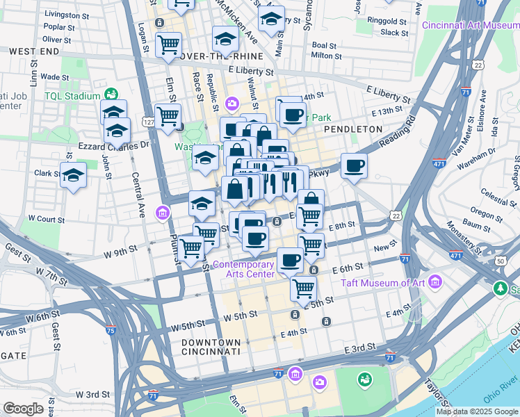 map of restaurants, bars, coffee shops, grocery stores, and more near 33 East Court Street in Cincinnati