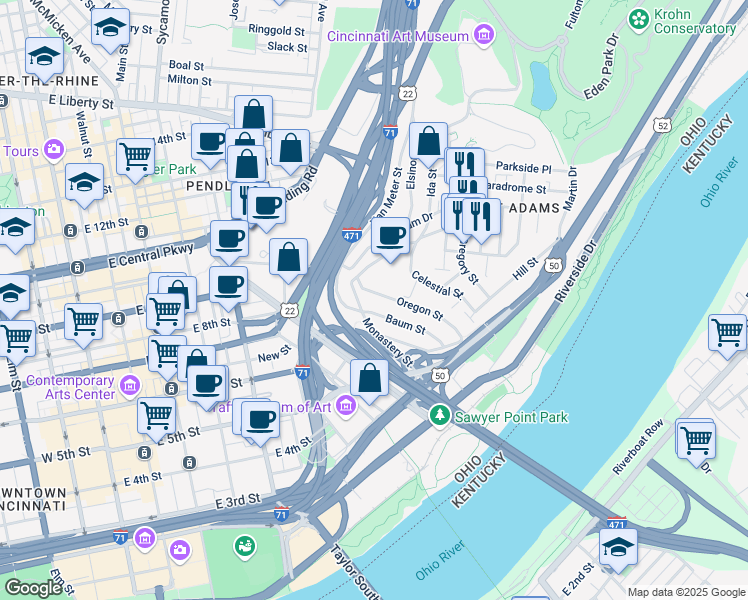 map of restaurants, bars, coffee shops, grocery stores, and more near 405 Oregon Street in Cincinnati