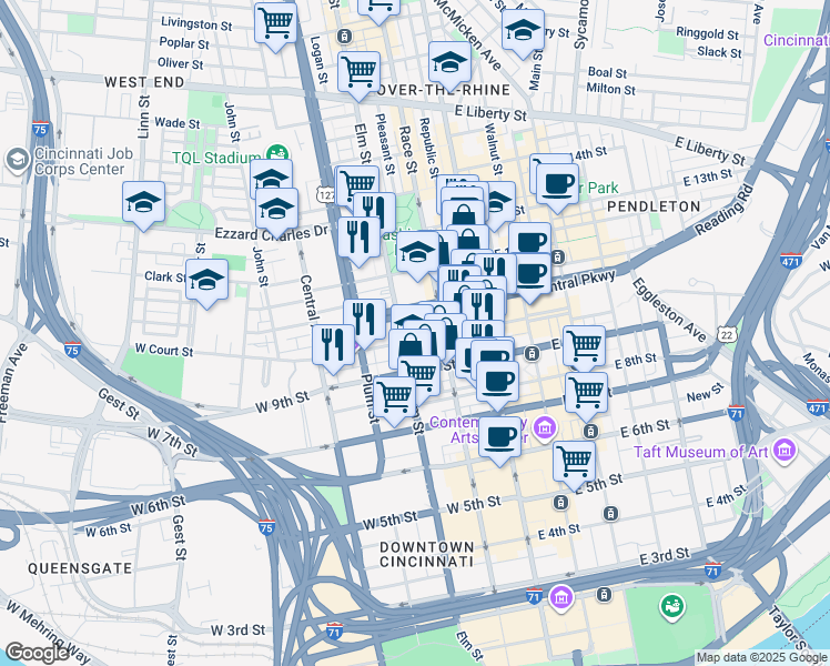 map of restaurants, bars, coffee shops, grocery stores, and more near 1020 Elm Street in Cincinnati