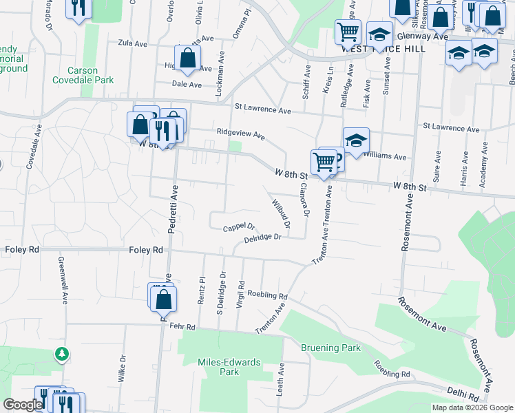 map of restaurants, bars, coffee shops, grocery stores, and more near 4369 Carnation Circle in Cincinnati