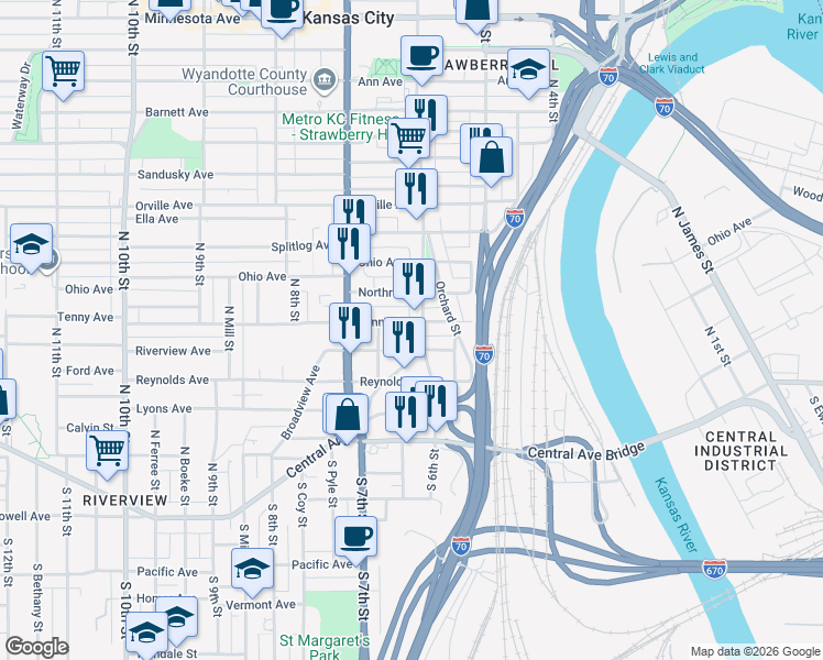 map of restaurants, bars, coffee shops, grocery stores, and more near 610 Tenny Avenue in Kansas City