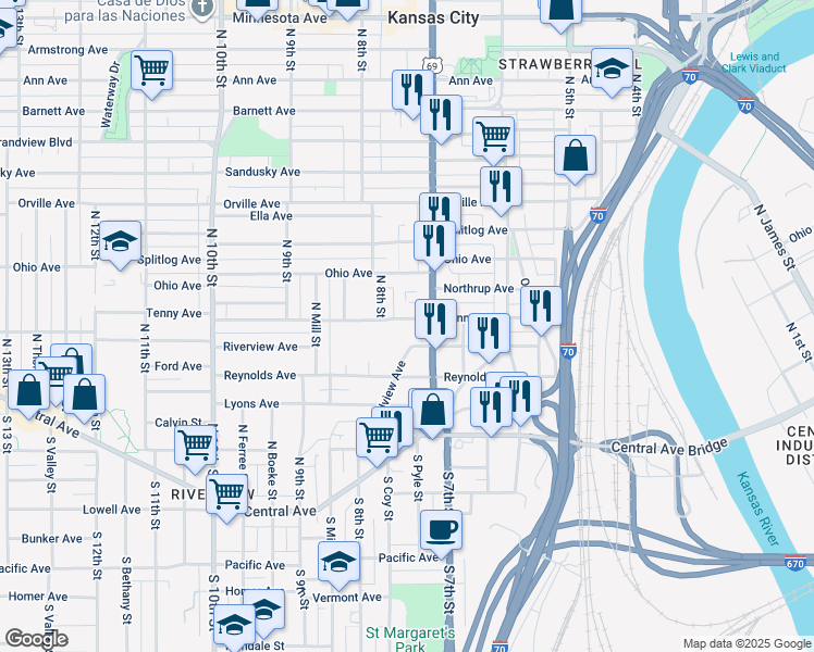 map of restaurants, bars, coffee shops, grocery stores, and more near 712 Tenny Avenue in Kansas City