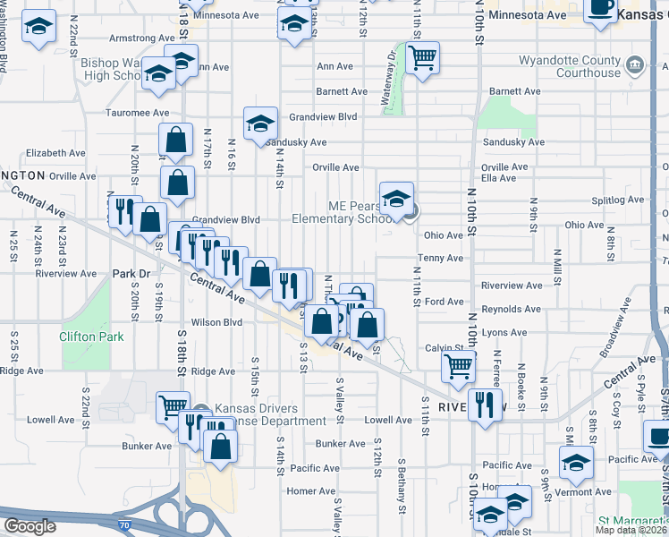 map of restaurants, bars, coffee shops, grocery stores, and more near 208 North Thorpe Street in Kansas City