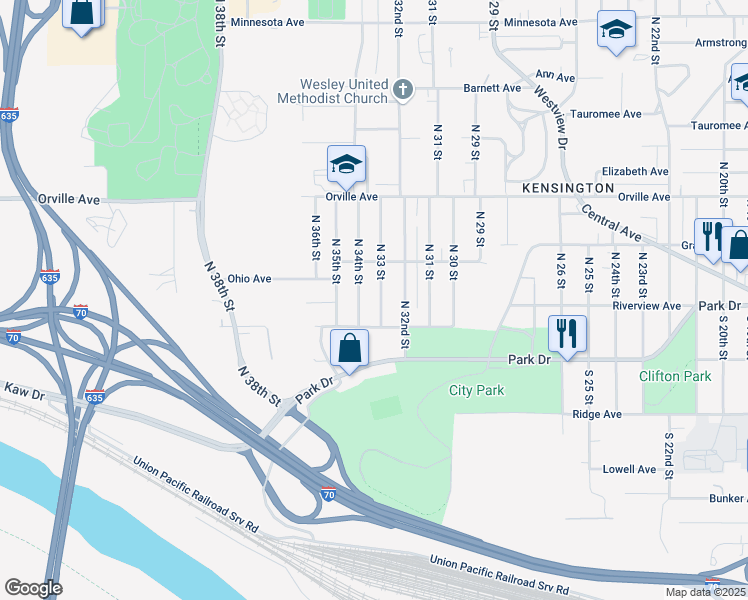 map of restaurants, bars, coffee shops, grocery stores, and more near 230 North 33 Street in Kansas City