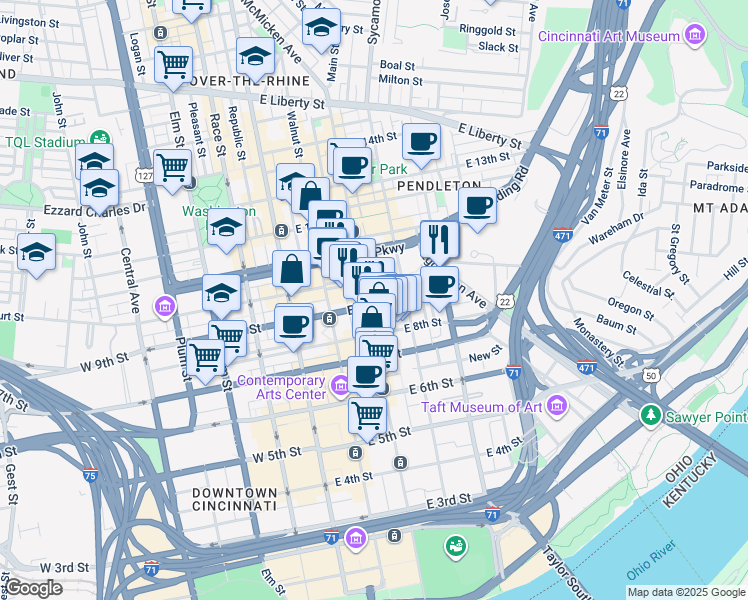 map of restaurants, bars, coffee shops, grocery stores, and more near 906 Main Street in Cincinnati
