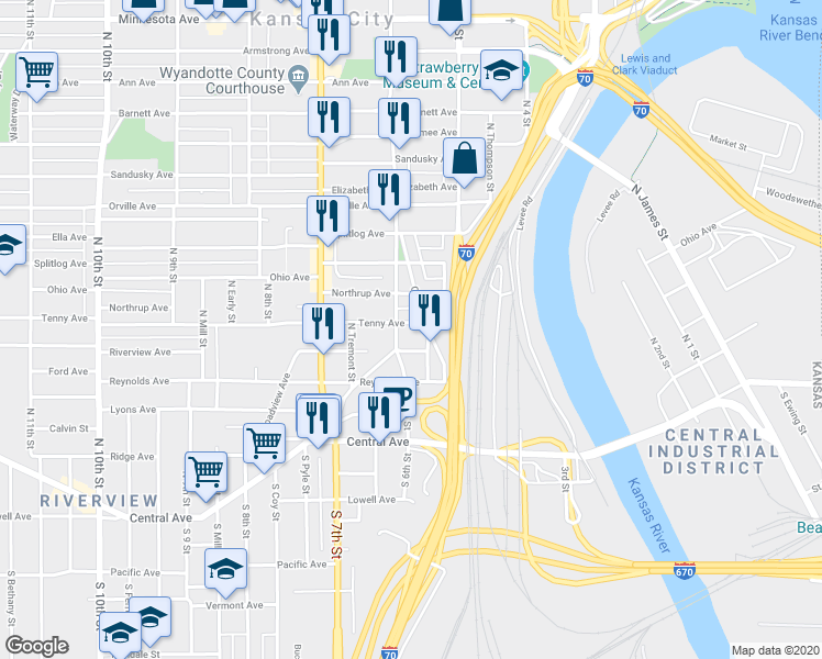 map of restaurants, bars, coffee shops, grocery stores, and more near 531 Tenny Avenue in Kansas City