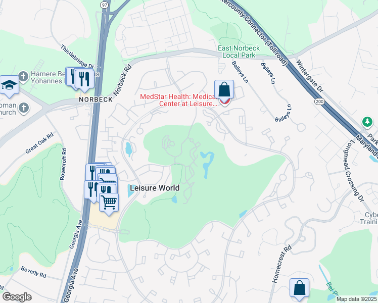 map of restaurants, bars, coffee shops, grocery stores, and more near 15115 Interlachen Drive in Silver Spring