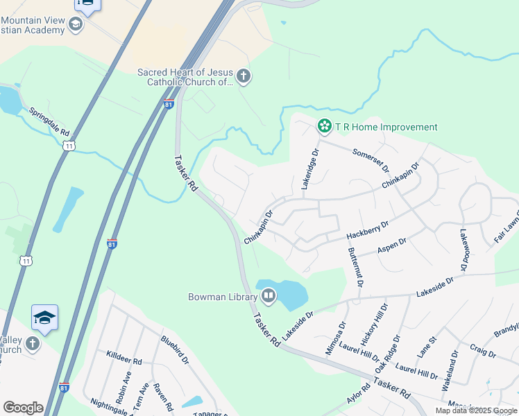 map of restaurants, bars, coffee shops, grocery stores, and more near 102 Timberlake Terrace in Stephens City