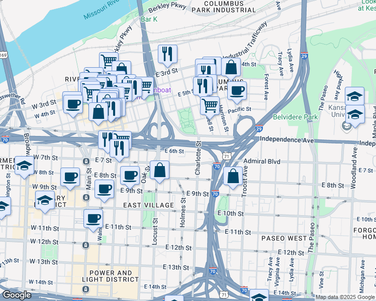 map of restaurants, bars, coffee shops, grocery stores, and more near 531 Holmes Street in Kansas City