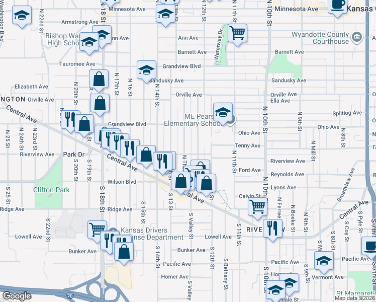 map of restaurants, bars, coffee shops, grocery stores, and more near 208 North Thorpe Street in Kansas City
