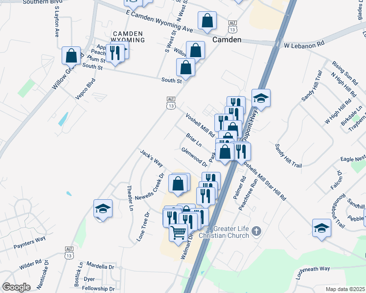 map of restaurants, bars, coffee shops, grocery stores, and more near 21 Glenwood Drive in Dover