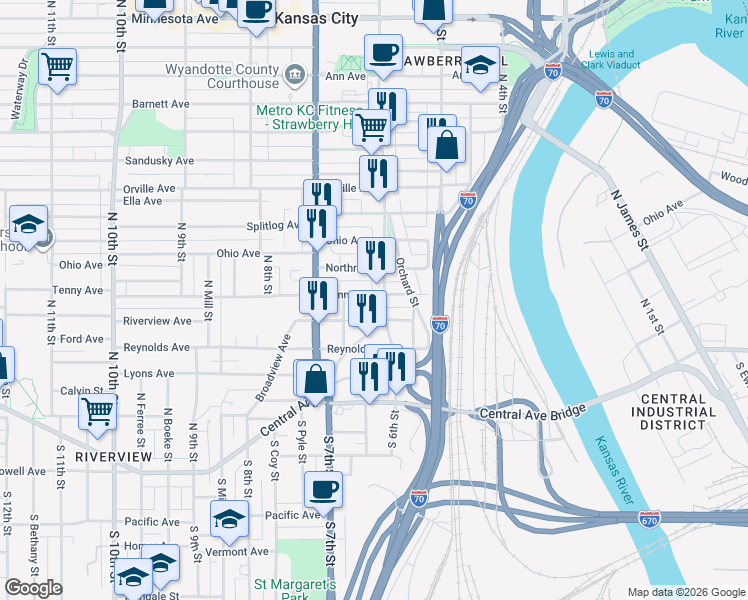 map of restaurants, bars, coffee shops, grocery stores, and more near 610 Tenny Avenue in Kansas City