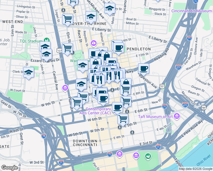 map of restaurants, bars, coffee shops, grocery stores, and more near 33 East Court Street in Cincinnati