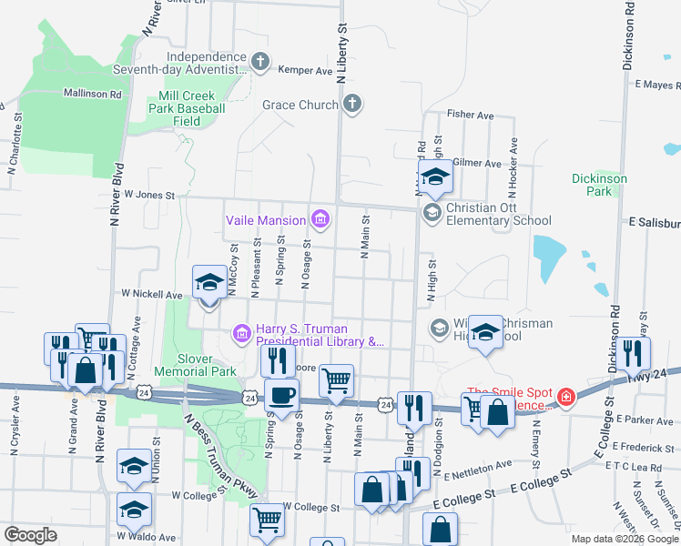 map of restaurants, bars, coffee shops, grocery stores, and more near 120 West Elizabeth Street in Independence