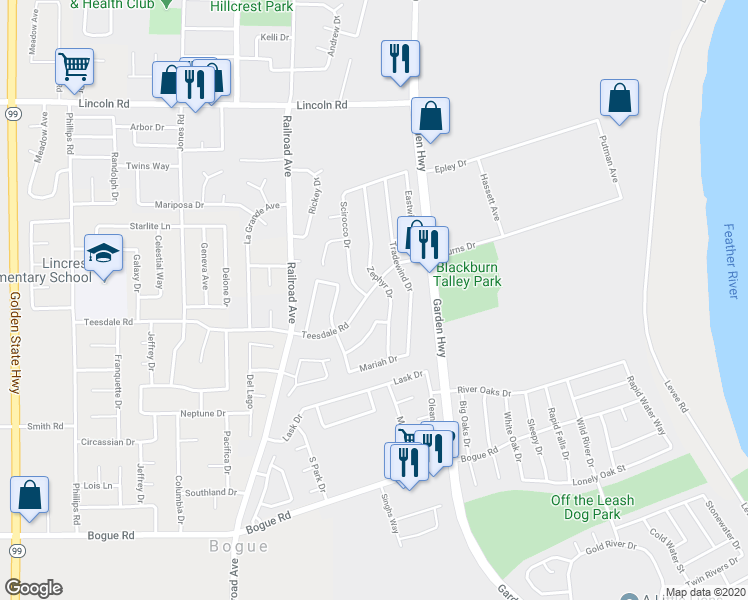 map of restaurants, bars, coffee shops, grocery stores, and more near 620 Teesdale Road in Yuba City