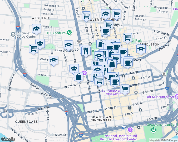 map of restaurants, bars, coffee shops, grocery stores, and more near 1100 Plum Street in Cincinnati