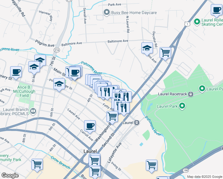 map of restaurants, bars, coffee shops, grocery stores, and more near 28 C Street in Laurel