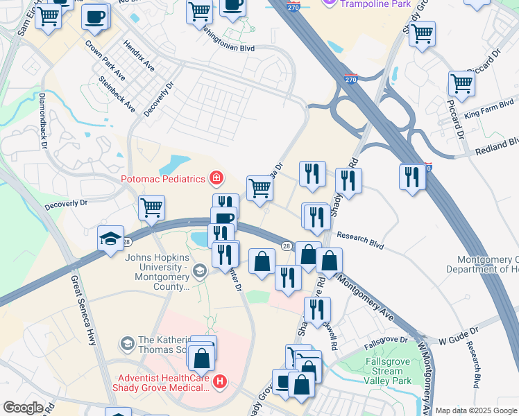 map of restaurants, bars, coffee shops, grocery stores, and more near 15250 Siesta Key Way in Rockville