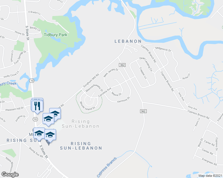 map of restaurants, bars, coffee shops, grocery stores, and more near 4601A Maine Drive in Dover