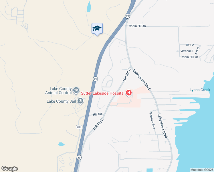 map of restaurants, bars, coffee shops, grocery stores, and more near 5409 Oxford Drive in Lakeport