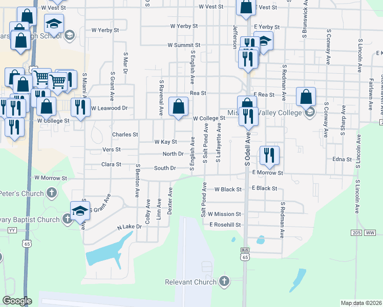 map of restaurants, bars, coffee shops, grocery stores, and more near 301 North Drive in Marshall