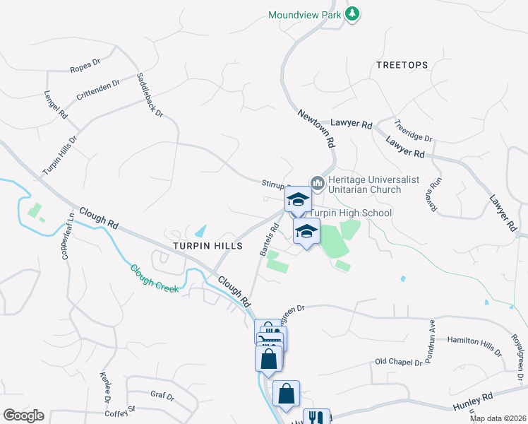 map of restaurants, bars, coffee shops, grocery stores, and more near 2677 Newtown Road in Cincinnati