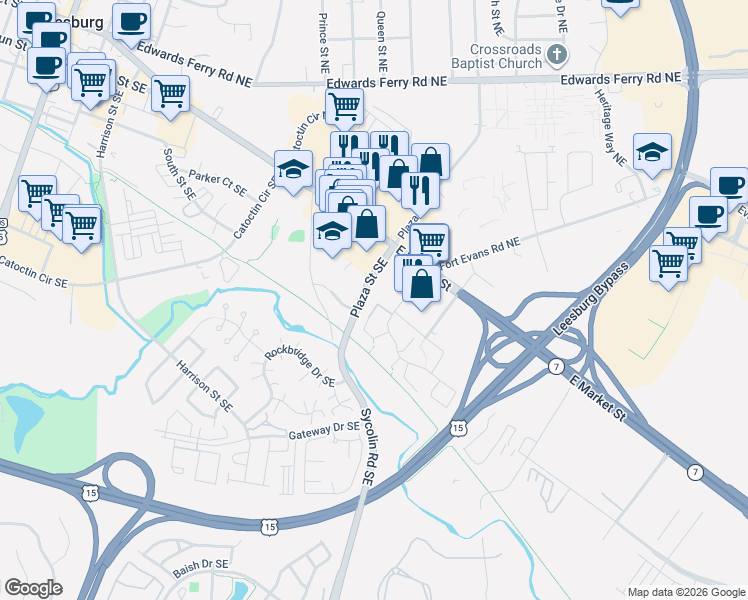 map of restaurants, bars, coffee shops, grocery stores, and more near 118 Fort Evans Road Southeast in Leesburg