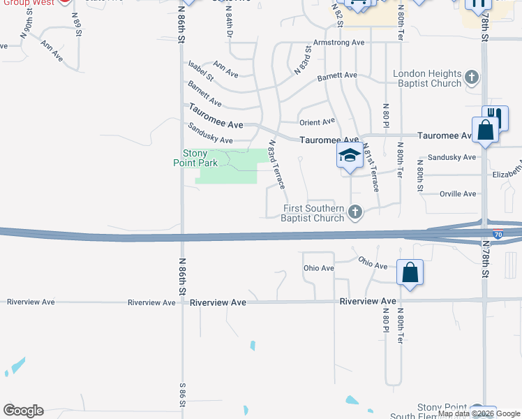 map of restaurants, bars, coffee shops, grocery stores, and more near 436 North 83rd Place in Kansas City