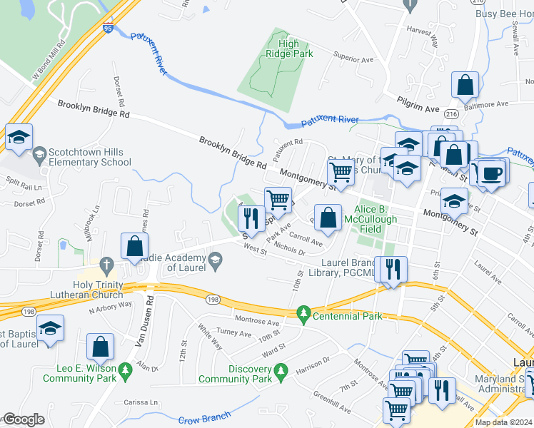 map of restaurants, bars, coffee shops, grocery stores, and more near 1204 Westview Terrace in Laurel