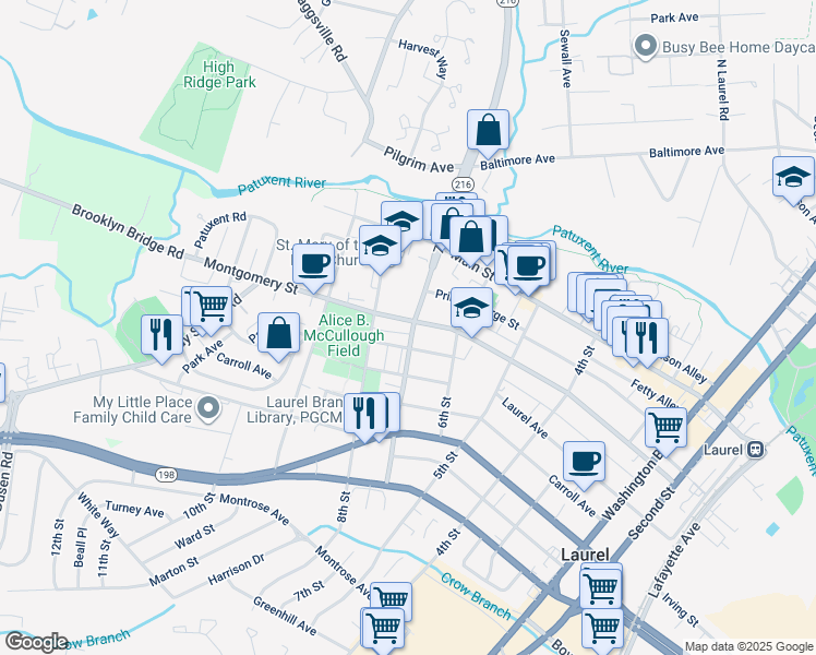map of restaurants, bars, coffee shops, grocery stores, and more near 700A Montgomery Street in Laurel