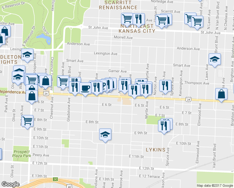 map of restaurants, bars, coffee shops, grocery stores, and more near 3520 Independence Avenue in Kansas City
