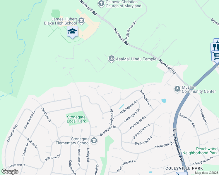map of restaurants, bars, coffee shops, grocery stores, and more near 15216 Rockport Drive in Silver Spring